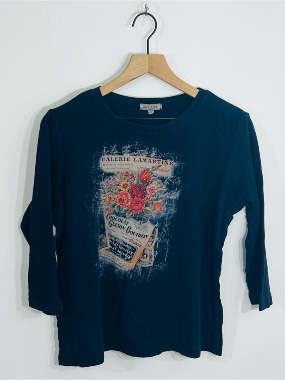 Xeit U.S.A. Pullover Black 3/4 Sleeve Floral Graphic Print Top Cotton Size XL